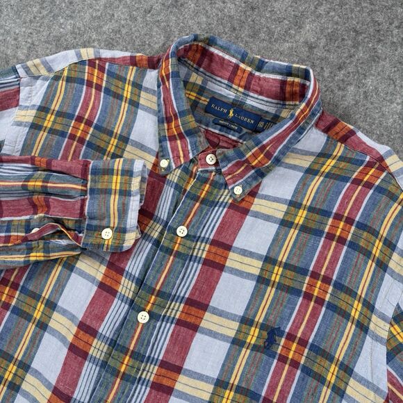 Polo Ralph Lauren Men's Indigo Plaid 100% Linen Button Down Shirt XXL 2XL - Picture 1 of 9